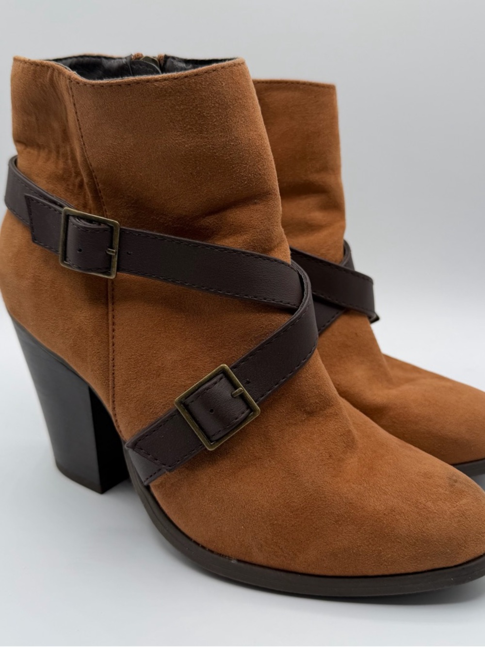 Charming Charlie Womens 7 Cognac Faux Suede Buckle Strap Block Heel Boots
